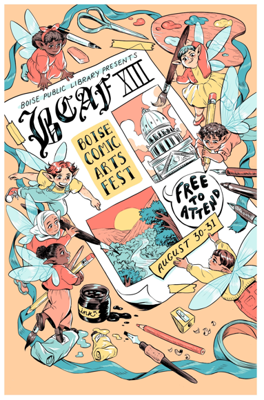 Boise Comic Arts Festival Poster with fairies  painting a comic