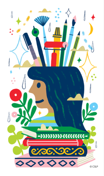 Summer Reading graphic of a girl's head on books with pens and pencils on top of her head